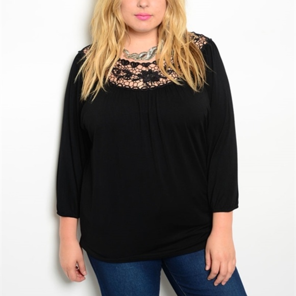 Tops - Plus Size Black Top with Floral Lace Neckline
